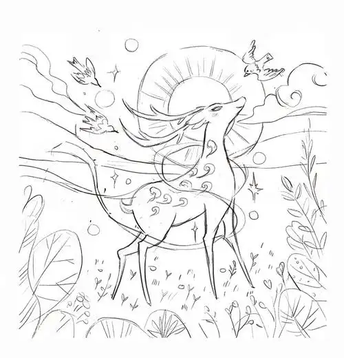 九色鹿故事原出自敦煌莫高窟壁画,所以这次画的时候打算摒弃以往的