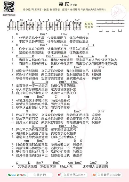 嘉宾尤克里里谱张远g调吉他和弦谱