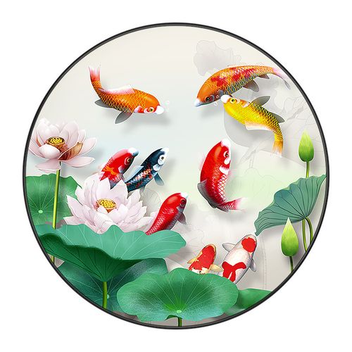 新中式九鱼壁画荷花过道书房客厅框挂画圆形实木现代装饰画