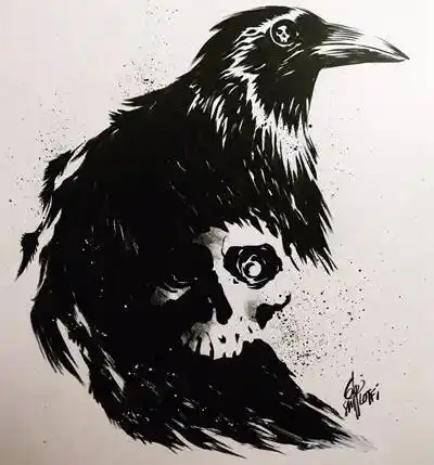 24张水墨乌鸦纹身手稿图案