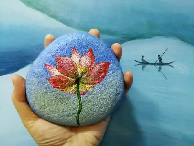 石头丙烯画《映日荷花》2020年二月