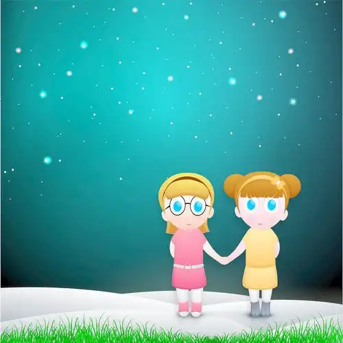 快乐友谊日背景与可爱的小女孩在晚上握手