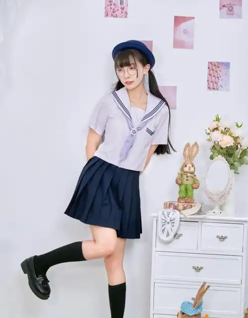 御茶家日系紫色短款水手服短袖中间服原创jk校供感早春学院风绀色下裙