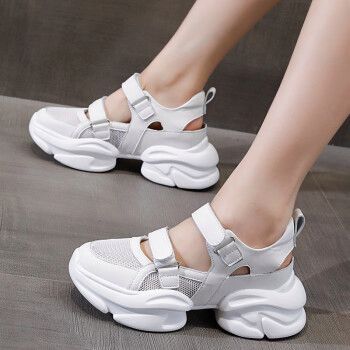 包头凉鞋网面透气内增高沙滩鞋女增高显瘦休闲运动凉鞋白色37标准尺码