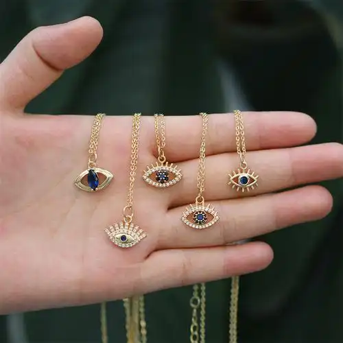 厂家批发 恶魔之眼土耳其蓝眼镶钻吊坠项链简约铜镀真金颈链配饰