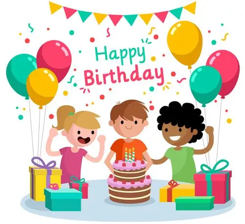 卡通生日派对上的3个儿童矢量素材_矢量人物_懒人图库