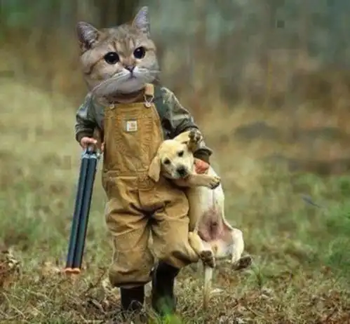 求这张图的原图一只猫一首拿着枪一手提着一直小狗