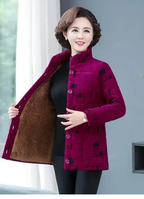 雪中飞高档品牌2021新款妈妈加绒棉衣短款外套中老年人女冬装50岁60
