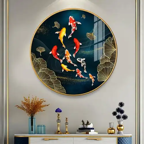 圆形玄关装饰画九鱼聚财图餐厅挂画现代轻奢走廊过道壁画招财