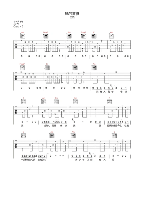 她的背影吉他谱-王杰-c调原版编配-吉他弹唱六线谱