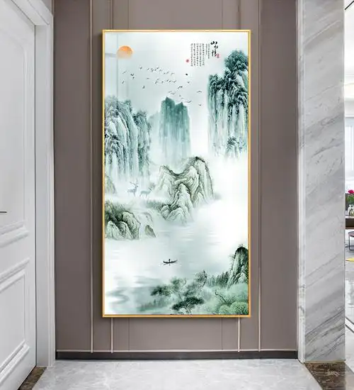 入户玄关挂画竖版走廊过道尽头装饰画现代新中式壁画风景画山水画