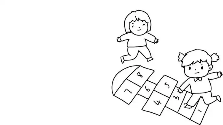 1,首先画两个正在玩跳格子的小女孩.