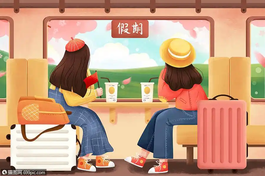 五一假期出游女孩坐车厢看风景插画