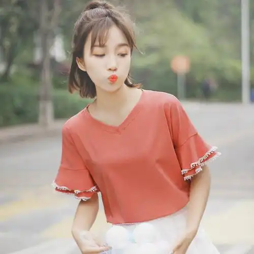 帛卡琪2019新款夏装短袖清新纯色荷叶边花瓣袖t恤女生v领上衣女潮