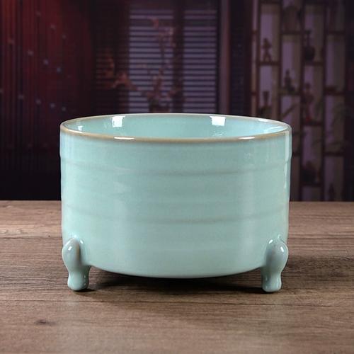 汝窑仿古弦纹三足尊三足奁陶瓷工艺品装饰摆件收藏品香炉茶洗礼品