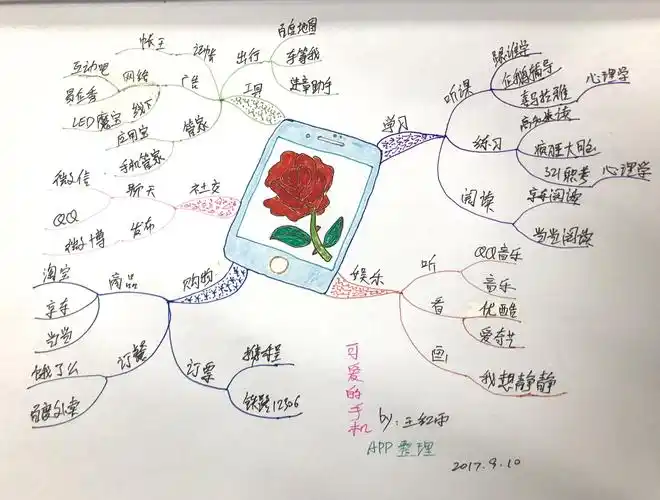 导图是手机app 的整理过程,中心图是手机,屏幕上是 一支可爱的玫瑰花