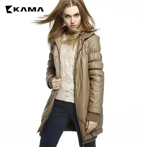 卡玛kama 冬季女士时尚纯色防寒保暖长款pu棉服棉衣外套 7412783