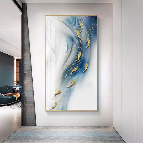 九鱼聚财入户玄关装饰画寓意好的进门走廊招财挂画九条鱼竖版高端