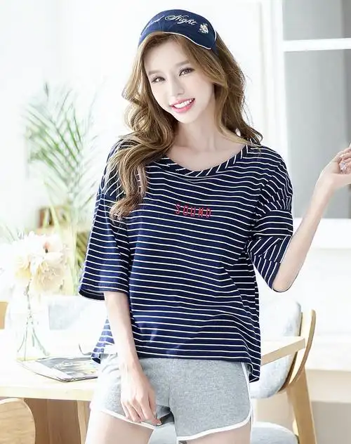 新品女士休闲时尚条纹纯棉家居服