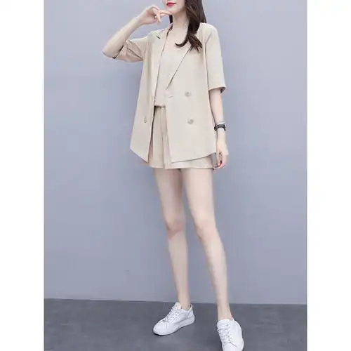 大码女装年夏装新款遮肉气质吊带西装外套显瘦短裤三件套装女
