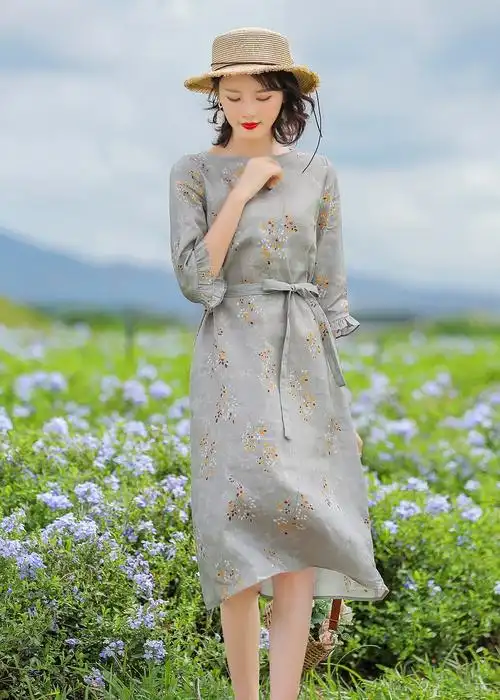 长风阁棉麻连衣裙 初秋纯亚麻印花七分荷叶袖 文艺长款气质淑女范