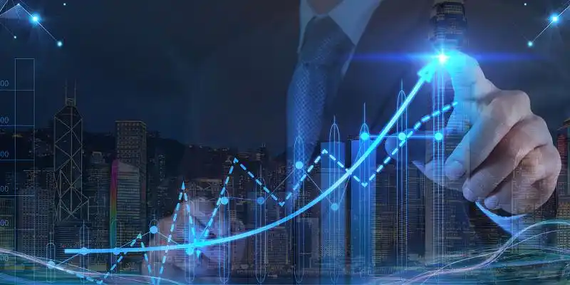 蓝色科技感城市剪影企业年会展板背景未来发展