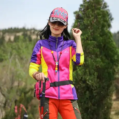 户外女式迷彩软壳衣女透气抓绒衣保暖徒步加厚加绒修身登山服装