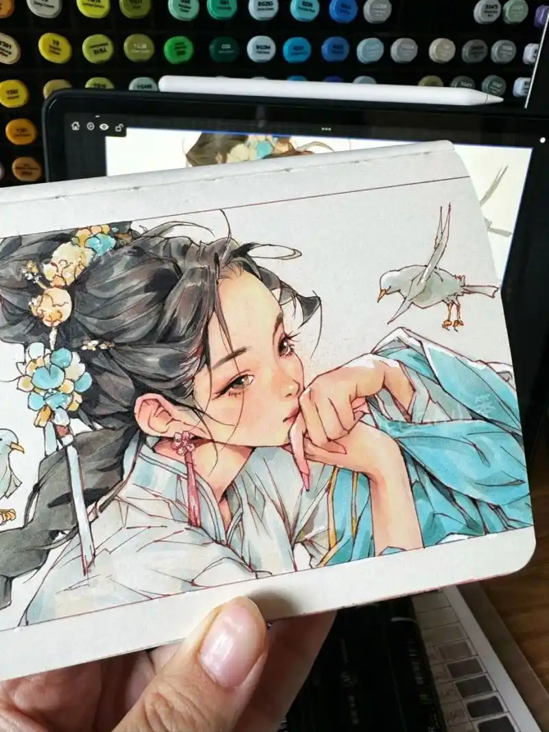 马克笔古风上色 马克笔绘图 临摹图来源@ai时雨 	 画笔 	 94画纸