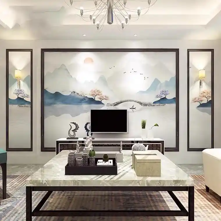 电视机背景墙壁纸墙布新中式山水画壁画客厅