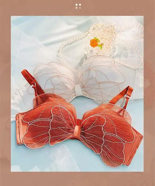60内衣女刺绣蝴蝶蕾丝少女上托收副乳无钢圈文胸艾优香槟色3475ab同