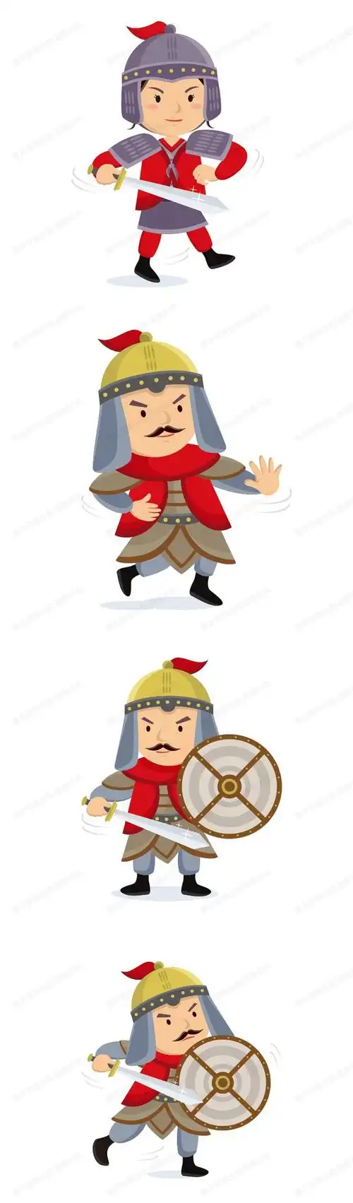 扁平化卡通可爱古代人物形象角色男女士兵守卫将军盾牌剑侠剑客军队ui