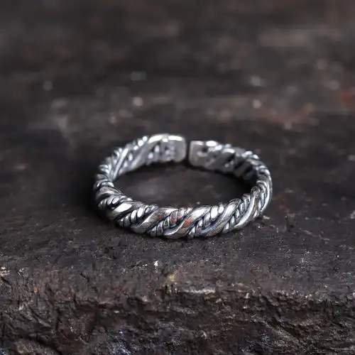 s925银饰品纯银简约时尚戒指泰国手工编织麻绳开口指环百搭情侣款