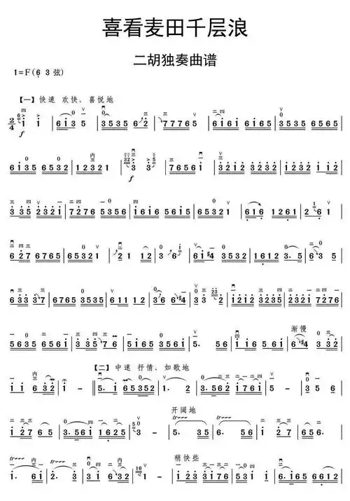 喜看麦田千层浪二胡独奏曲谱