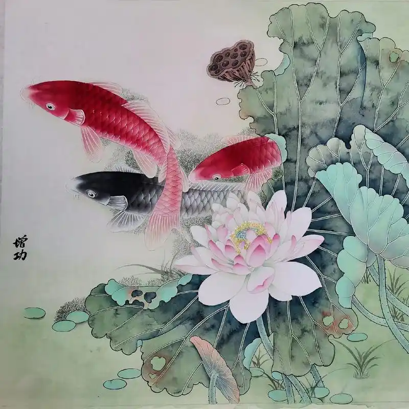 开学第一画,完成#工笔荷花鲤鱼  - 抖音