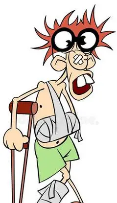 拄着拐杖,腿和胳膊骨折的病人.