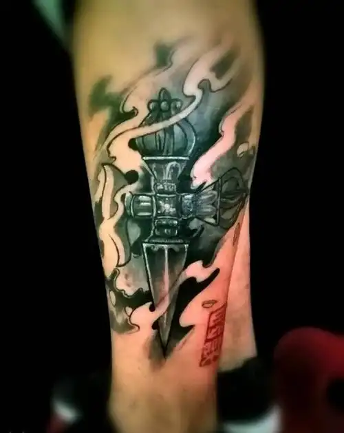 金刚杵,印章纹身图片_腿部新传统金刚杵印章篆刻纹身图案