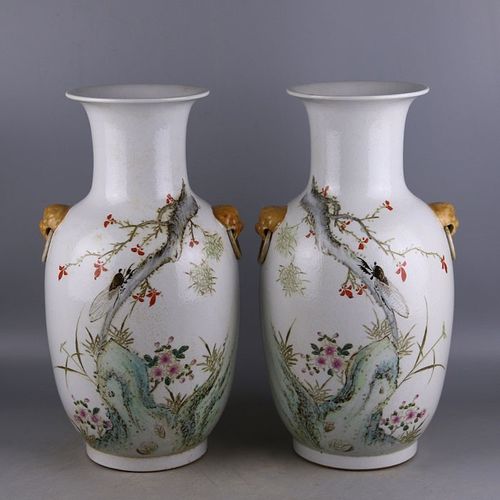 民国粉彩手绘草虫纹狮子头瓶一对 李明亮款保真瓷 古玩摆件收藏品