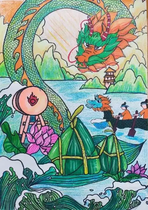 端午节主题儿童画《赛龙舟》-图1