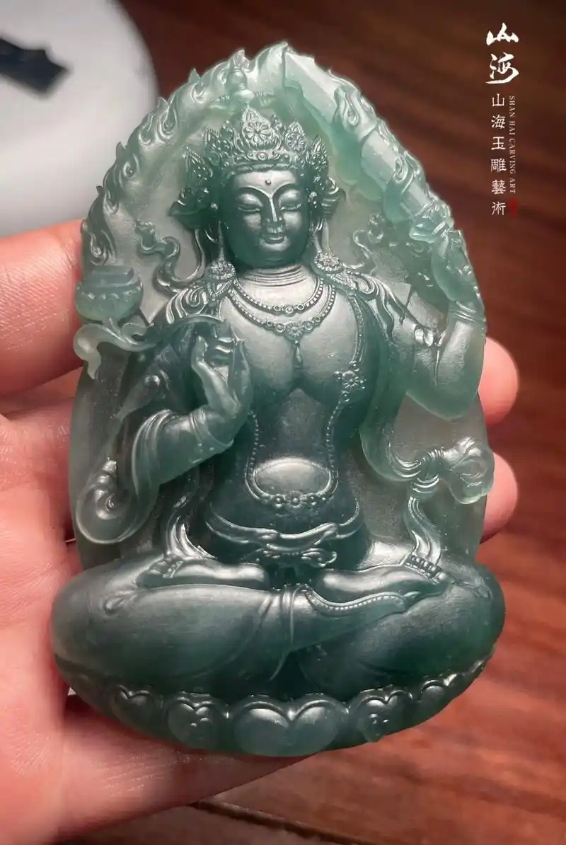 客户同款定制.纯手工雕刻文殊菩萨#翡翠雕刻设计 #手工雕刻工 - 抖音
