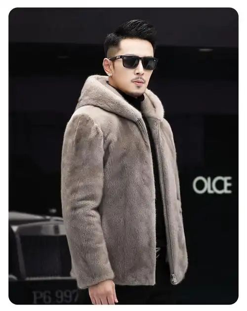 澳鲨迪冬季连帽貂皮大衣男士整貂短款裘皮外套天鹅绒母貂进口北美水貂