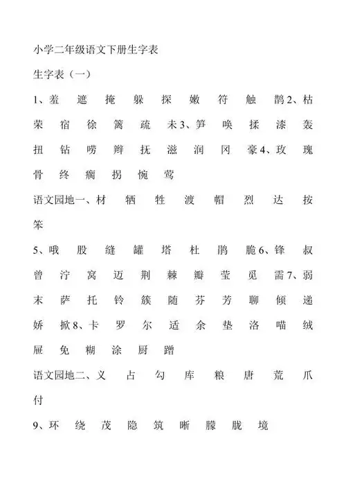 小学二年级语文下册生字表
