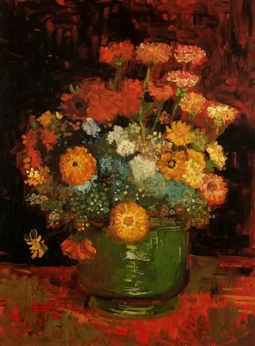 vase with zinnias 梵高油画作品,无水印高清大图 - 麦田艺术