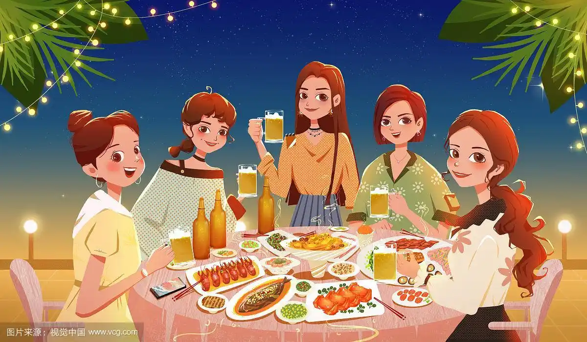 五个聚餐的女人在喝啤酒 啤酒节创意插画