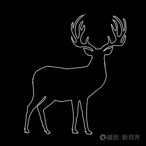 插画 驯鹿的白色轮廓轮廓,大角孤立在黑色背景上.
