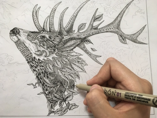 手绘黑白神兽鹿