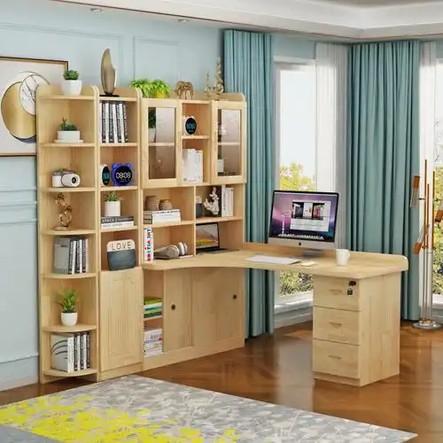 书桌书架组合一体桌家用学生卧室书柜写字桌电脑桌转角实木学习桌a款