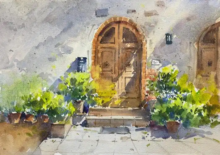 水彩年课示范门口的小花园