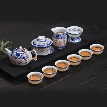 茶具 景镇蜂窝镂空青花玲珑陶瓷整套功夫茶具茶壶盖碗套装礼品 十一件