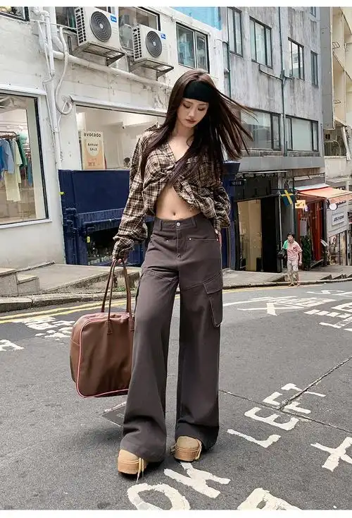 美式复古米杏色多口袋工装裤女2024新款街头宽松褶皱直筒裤子 - 17网