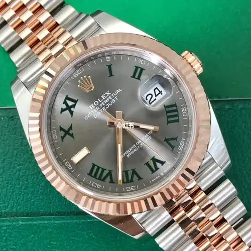 劳力士日志型系列m12633118k玫瑰金精钢材质绿箩五珠链41mm表径2023年